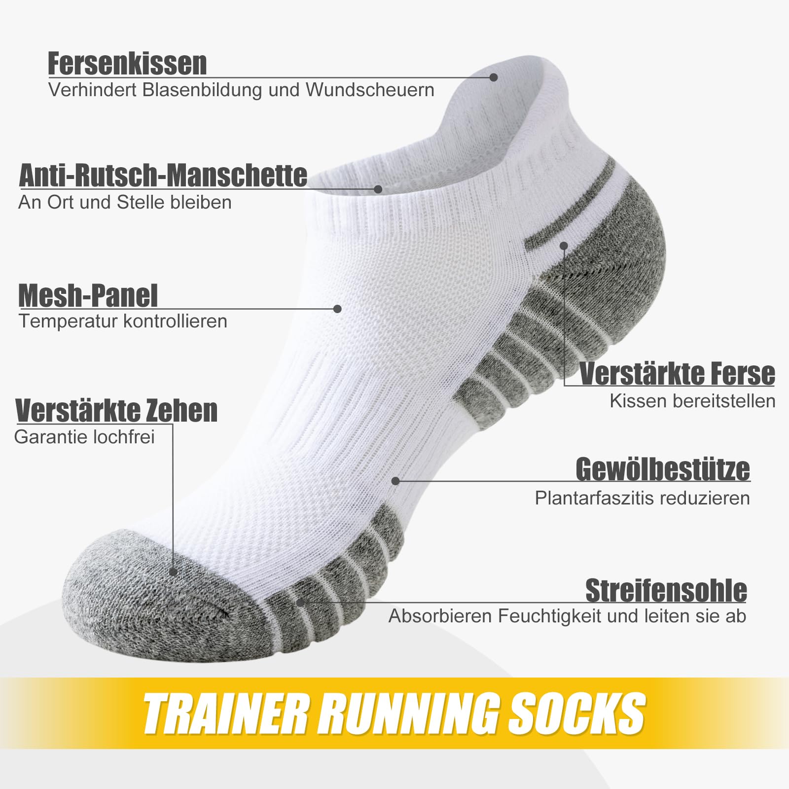 SockWaddles Baumwoll Sneaker Socken Damen Herren, 6 Paar, Gepolstert 2