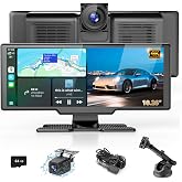 Portable Wireless Carplay Screen with Dashcam - Lehwey 10.26 Inch Car Play Tablet with 4K Front Dash Cam &amp; 1080P Rearview Backup Camera, Bluetooth 5.0, FM, Voice Assistant, with 64GB TF Card