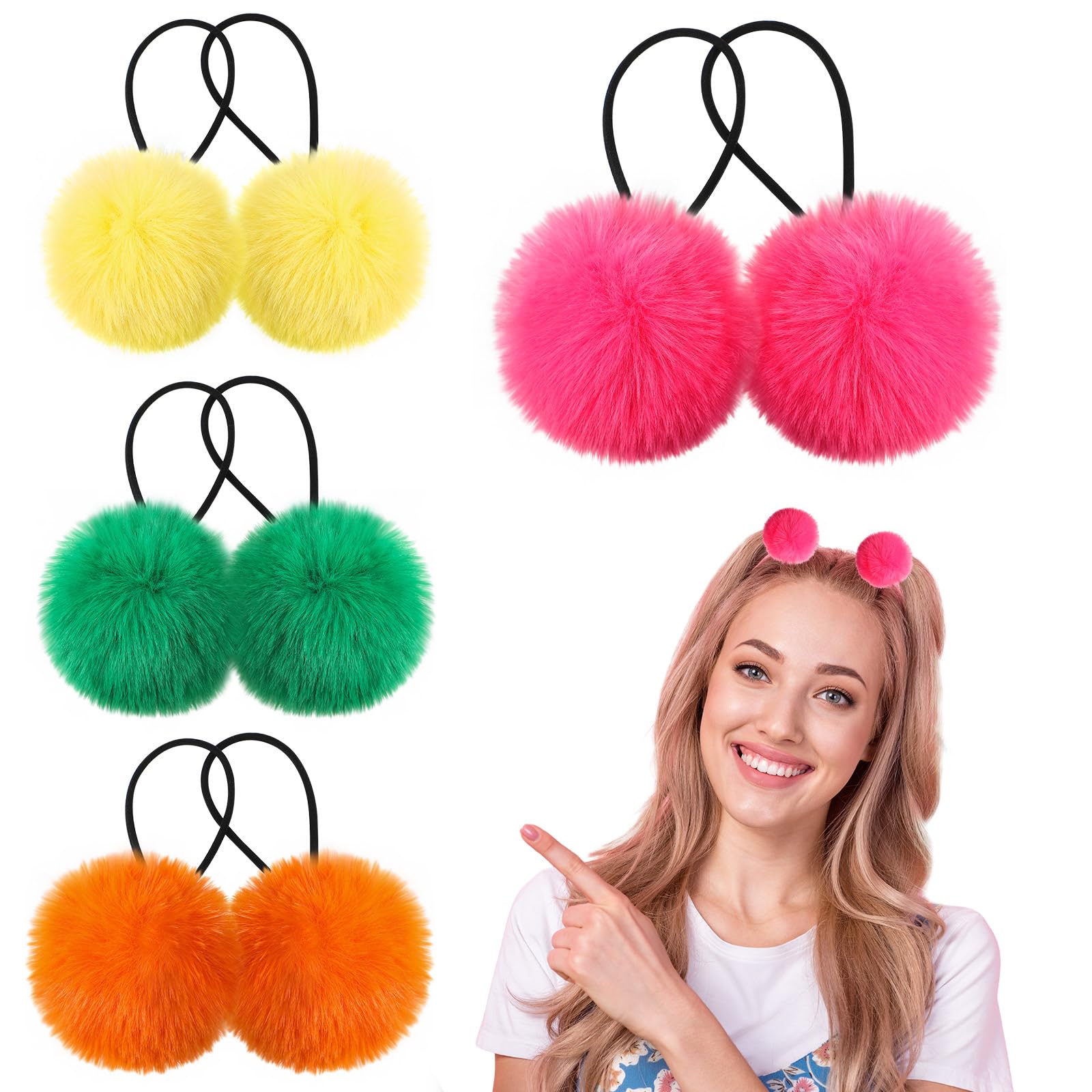 Photo 1 of Juexica 8 Pcs Pom Pom Hair Ties Fluffy Elastic Hair Ties Accessories Ball Scrunchie Ball Christmas Pigtail, 4 Colors(Goose Yellow, Rose Red, Orange, Grass Green)