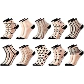 Jspupifip 6/10 Pairs Sheer Socks Striped Plaid Mesh Dot Bow See Through Transparent Socks for Women Girls