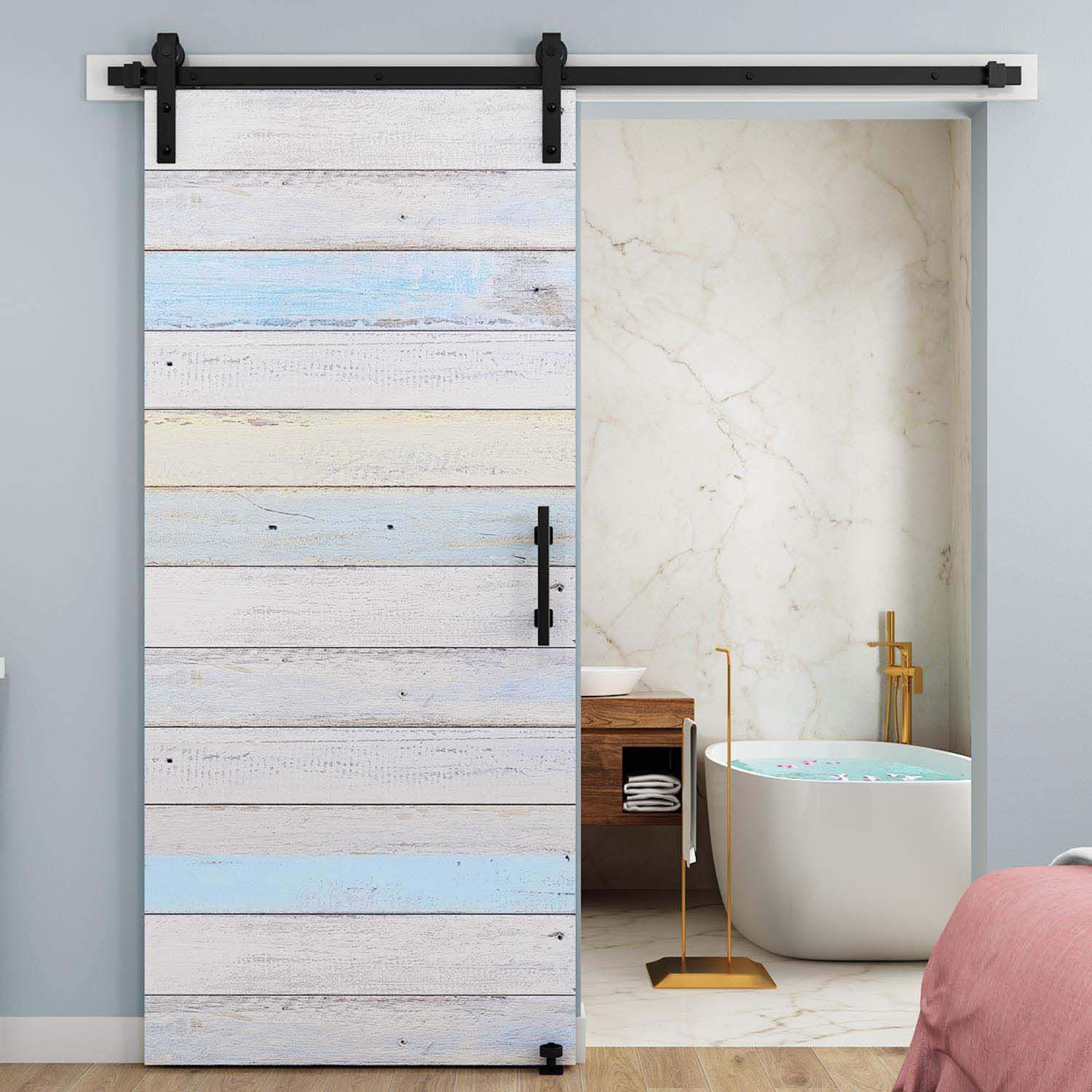 EaseLife 6.6 FT Sliding Barn Door Hardware Track Kit with 12'' Handle & Floor Guide,Fit 36"~40" Wide Door (6.6FT Track Single Door Kit) - natural wood color