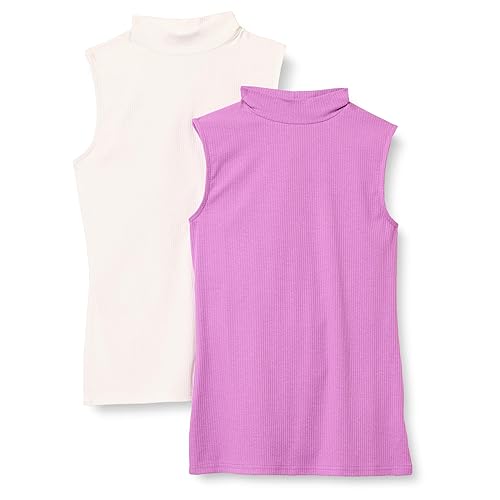 Amazon Essentials Women's Mock-Neck Slim-Fit Rib-Knit Sleeveless Top, Pack of 2, Purple/White, Large