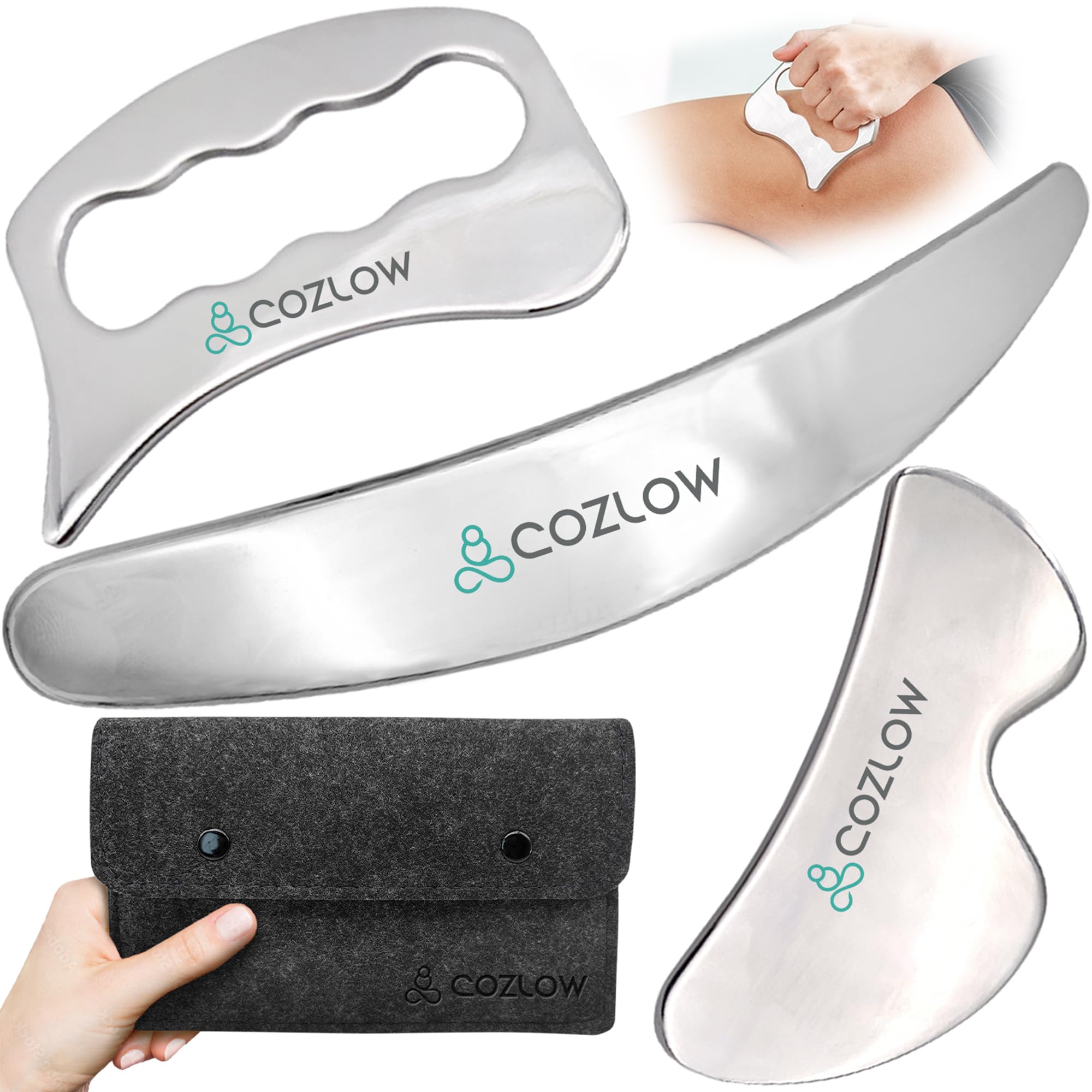 Cozlow 3-in-1 Muscle Scraper Tool Set - Skin Scraping Massage Tools for IASTM Therapy - Deep Tissue Gua Sha for Soft Tissue Mobilization, Fascia & Myofascial Release - Stainless Steel Metal Blades