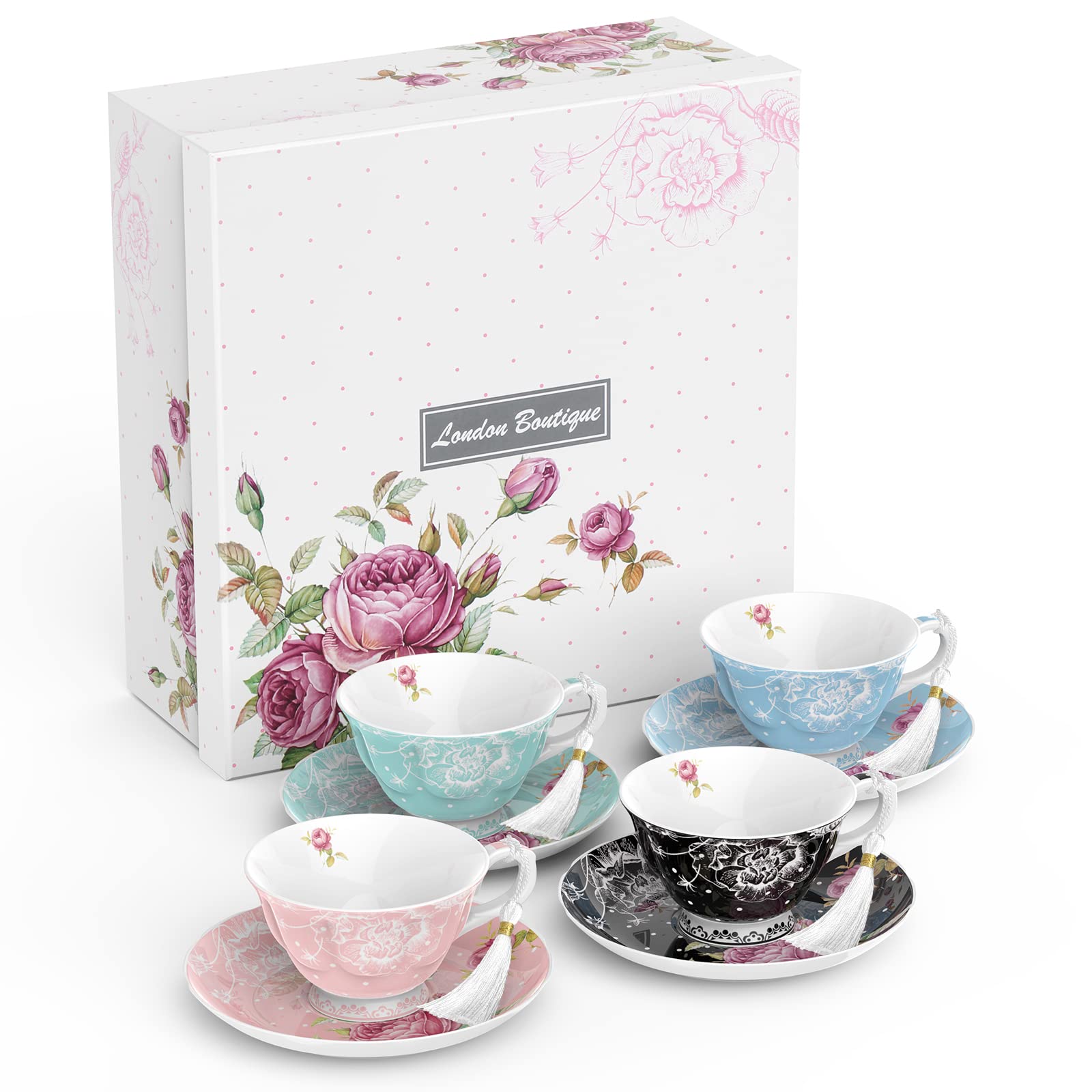 London Boutique Tea Cup and Saucer Set 1 Afternoon Tea Set New Bone China Vintage Flora Gift Box 200m (1 colour each)