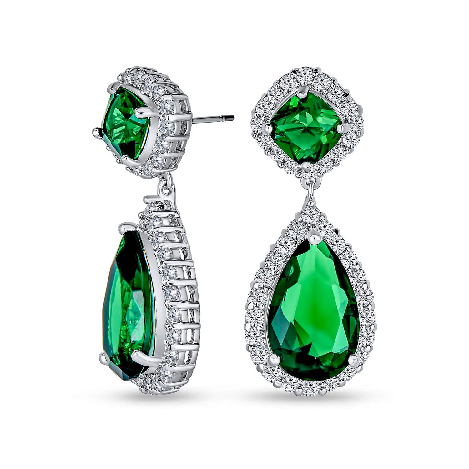 Classic Bridal Statement Green AAA CZ Pear Shaped Simulated Emerald Clear Cubic Zirconia Halo Teardrop Chandelier Dangle Earrings For Women Bridesmaid Silver Plated — image 1