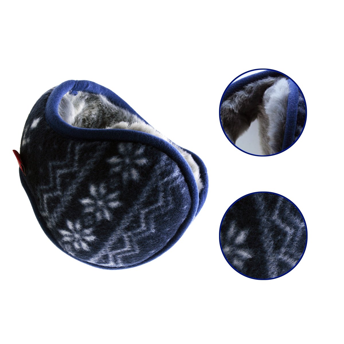 JUSTIME Unisex Foldable Ear Warmers Polar Fleece Winter Accessory Outdoor EarMuffs- Back Worn Stylish Cozy Earmuff-Snowflake Pattern(Navy Blue)