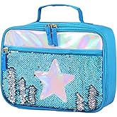 Handheld Lunch Box, Reusable Insulated Flip Sequins Lunch Tote Bag, Handheld Box Roomy Carry Bag Lunchbox Gifts for Women,Glittering Shining Travel Meal Tote Kit (Blue Star)