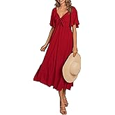 PRETTYGARDEN Summer Dress for Women 2026 Casual Short Sleeve Bow Tie V Neck Ruffle Midi Flowy Dresses