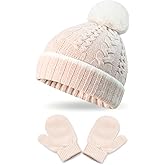 2 Pack Kids Winter Warm Beanie & Mittens Set, Soft Cable Knit Hat for Children's Toddler Baby, Cozy Cap & Gloves Pink