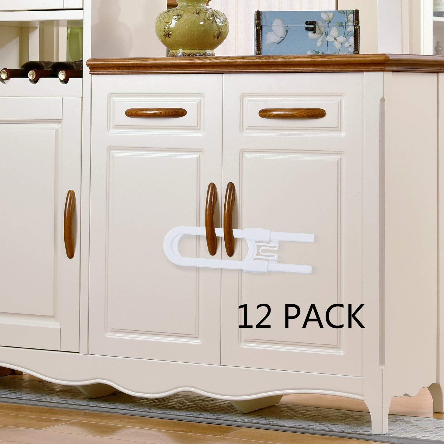 Sliding Cabinet Locks-U Shaped Baby Safety Locks, Childproof Sideboard Latchs for Kitchen Cupboard Bathroom Storage Doors, Knobs and Handles (12-Pack)