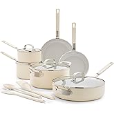 GreenPan x Bobby Flay 13 Piece Nonstick Cookware Pots and Pans Set, PFAS-Free Diamond Ceramic, Induction Suitable, Easy Clean Dishwasher & Oven Safe, Stay-Cool Silicone Handles, Glass Lids, Cream