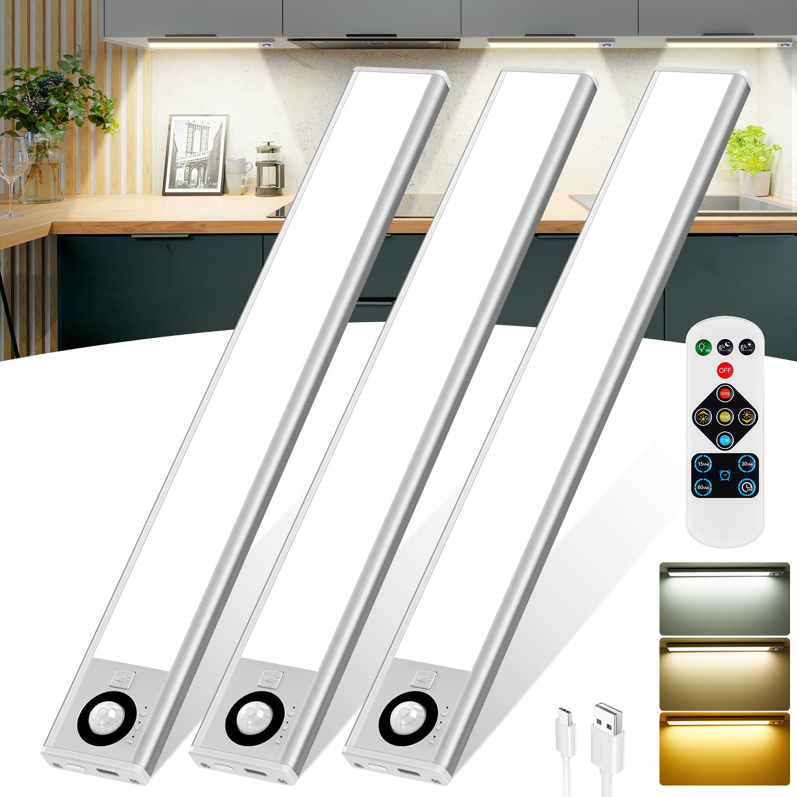 QNUJN Under Cabinet Kitchen Lights, 72 LED Motion Sensor Lights Indoor, 2200mAh Type-C Rechargeable, 3 Color Temperature Dimmable, 30cm Night Light with Remote for Cupboard, Closet, Stairs, 3 Pack