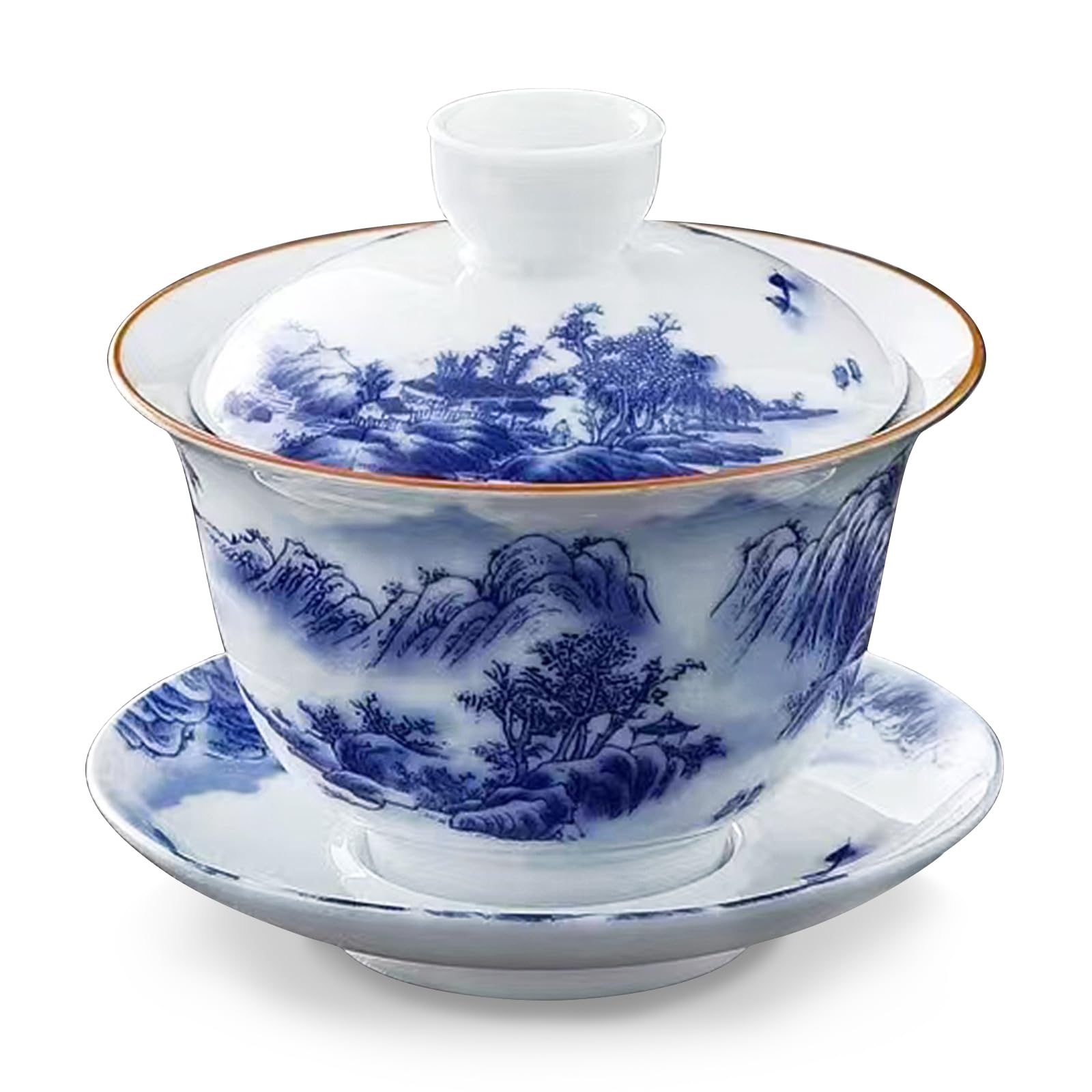 fanquare Blue and White Gaiwan Landscape Porcelain Chinese Traditional Sancai Tea Bowl with Lid Vintage Tea Cup Saucer Cover Set 180ML
