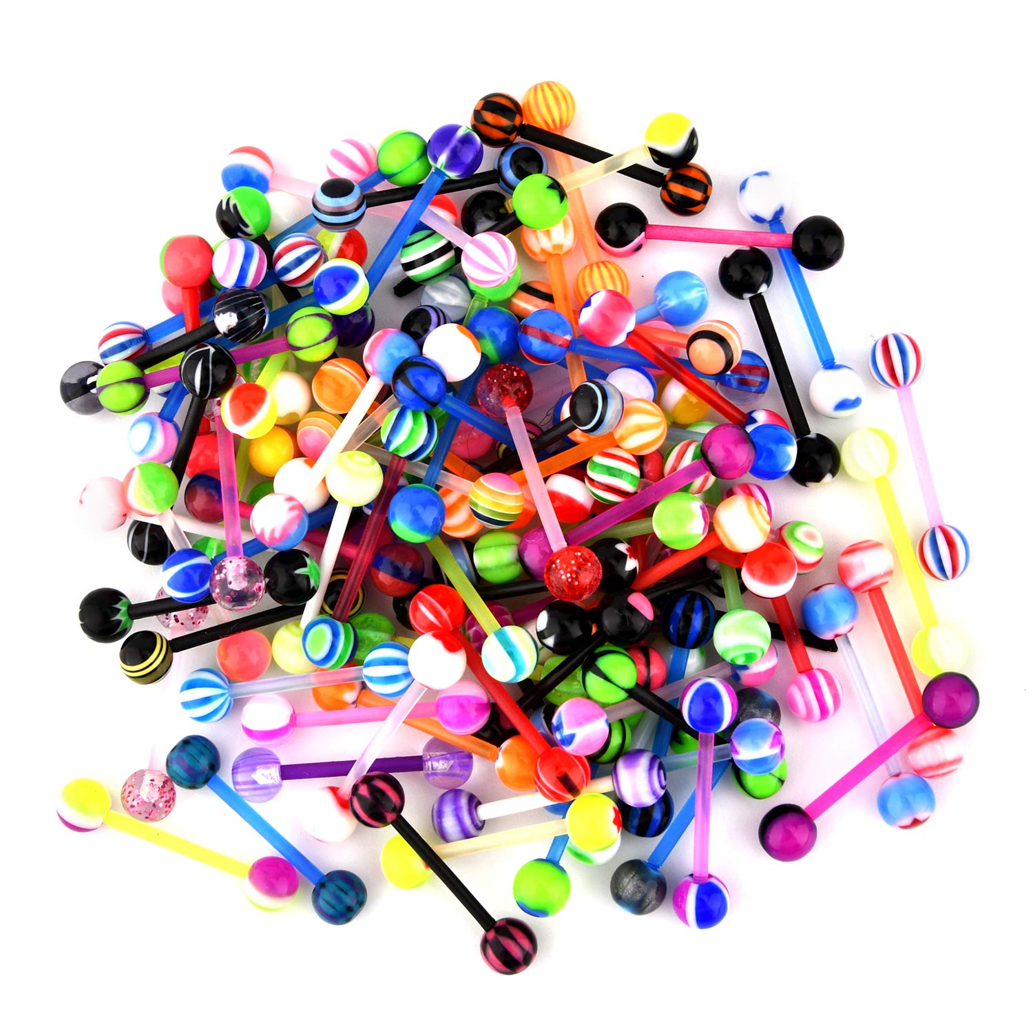 FECTAS 50pcs Tongue Nipple Ring Bars Set Pack 16mm Barbell Bioflex Flexible Plastik Tongue Piercing