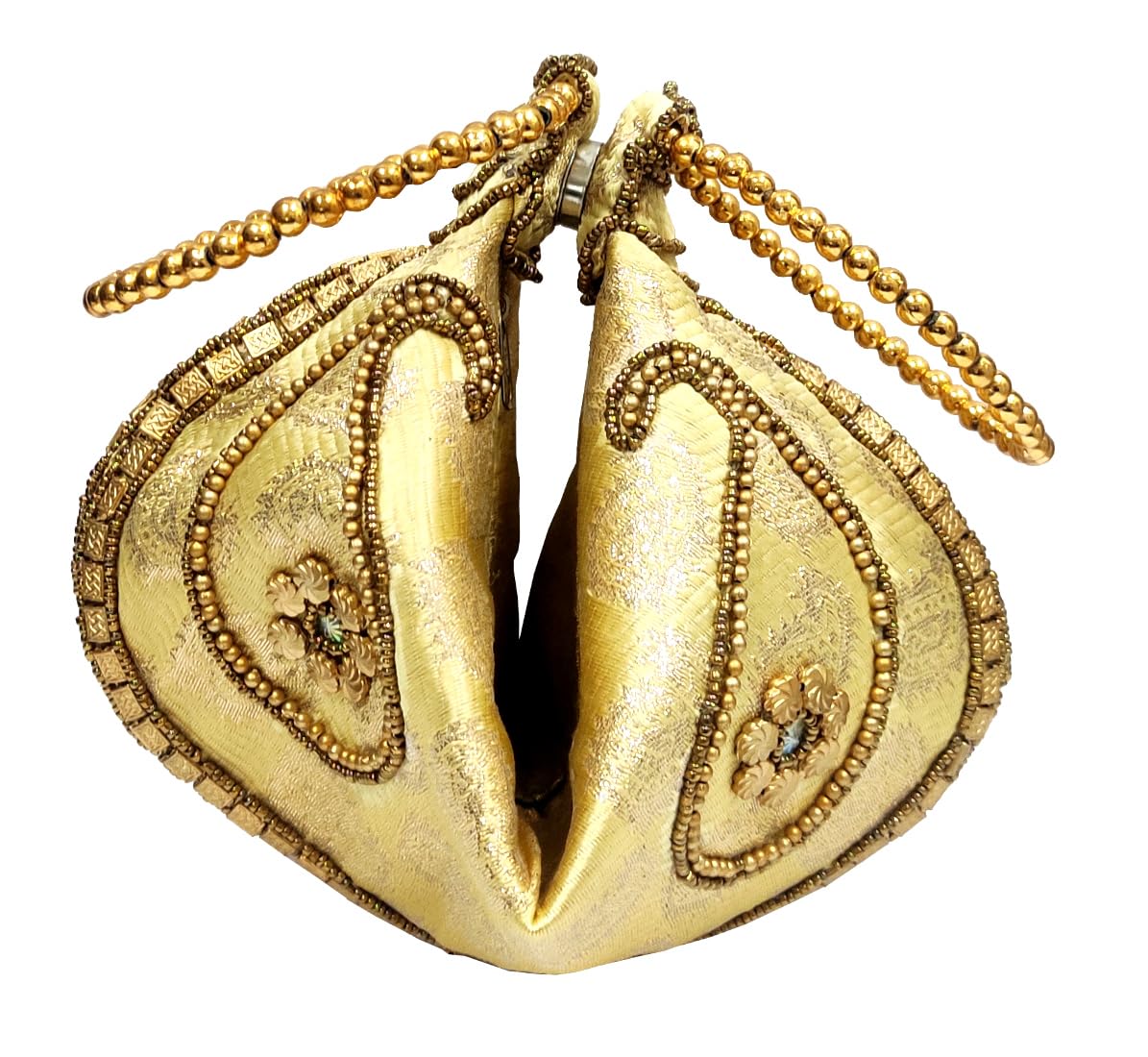 Purpledip Silk Clutch Purse In Pyramid Design: Ladies Handbag Potli With Sequin Embroidery, Gold (12531D)