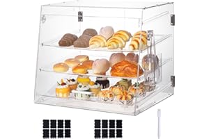 QMEEKI 3 Tray Commercial Countertop Bakery Display Case 21" x 17.3" x 14" Acrylic Pastry Display Case with Serving Tong, Bread Display Case with Front & Rear Doors