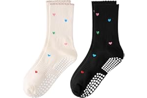 Pilates Yoga Grip Socks for Women, Cute Heart-Patterned Non-Slip Crew Socks Ideal for Fitness, Ballet Bar Work & Dance