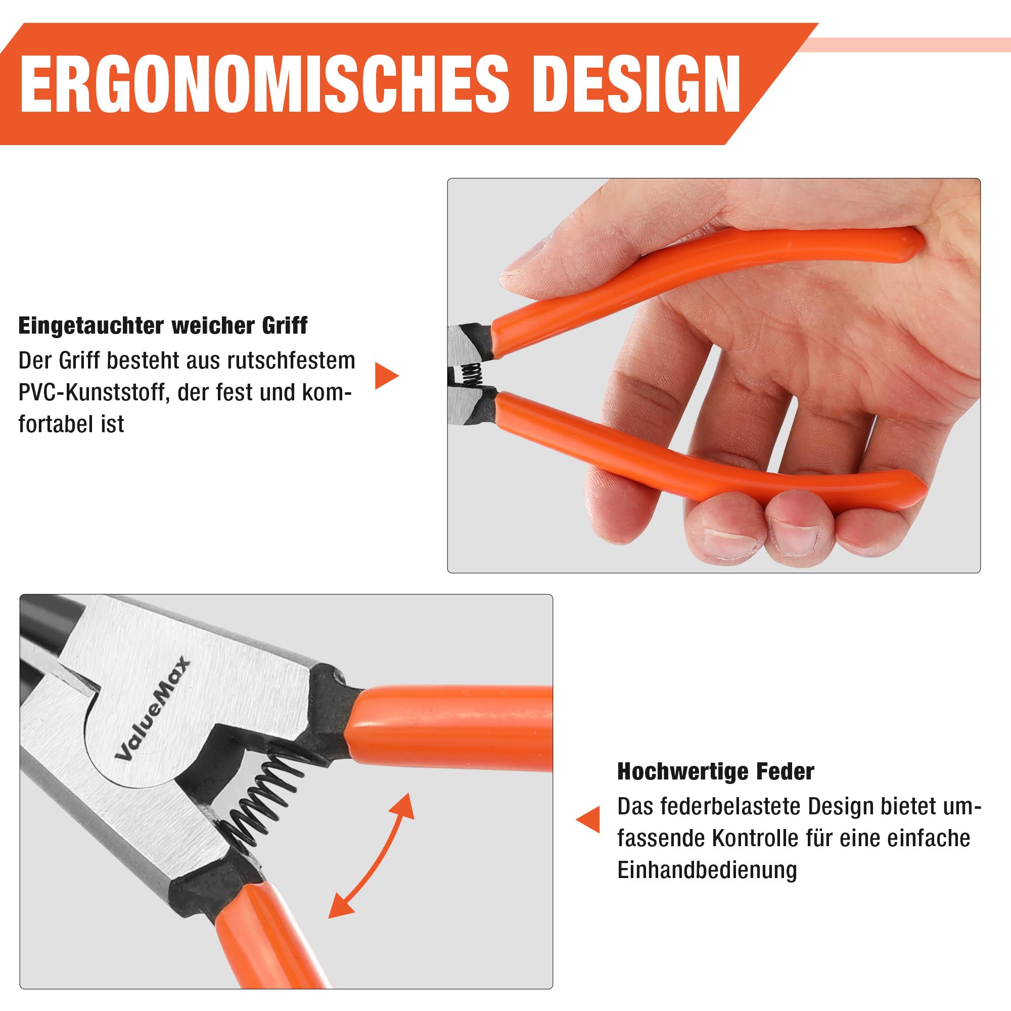 ValueMax Sprengringzangensatz 4tlg.,Sicherungsringzange Set 180mm mit Tasche, für Innen- und Außensicherungen, gerade, gebogen, Seegeringzangen 5