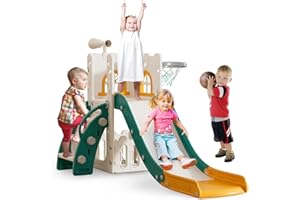 MOCUTEEN Toddler Slide for Kids with Climber Basketball Hoop, Storage Space, Telescope Kids Indoor Slide Baby Slide for Outdoor Play Upgraded Toddler Indoor Playground with Wider and Longer Slideway