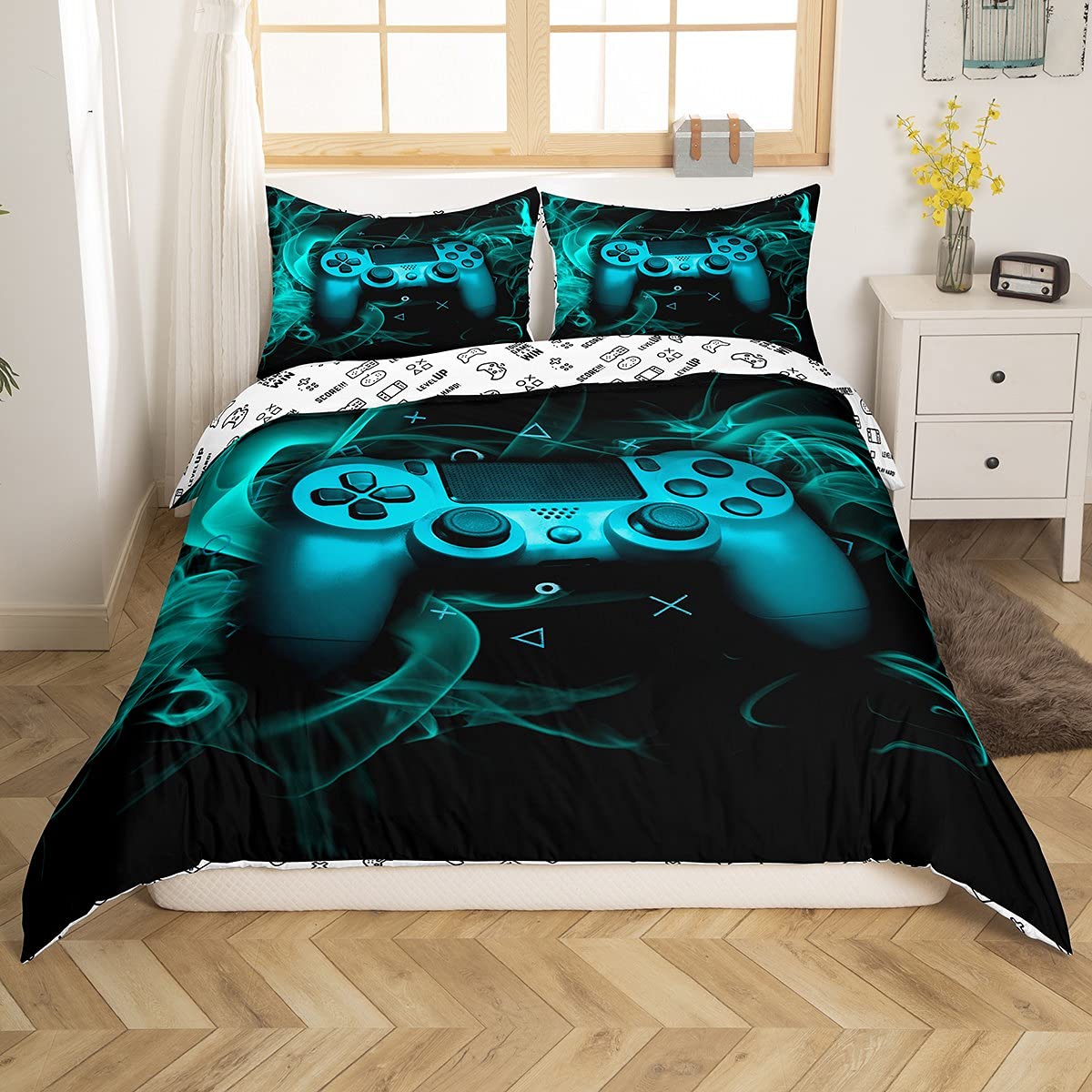 Loussiesd Teal Gamer Bedding Set Single Video Game Gaming Duvet Cover Set Teens Boys Kids Geometric Triangle Comforter Cover Set 2Pcs Console Game Controller Bedding Room Decor Quilt Cover Turquoise — image 1