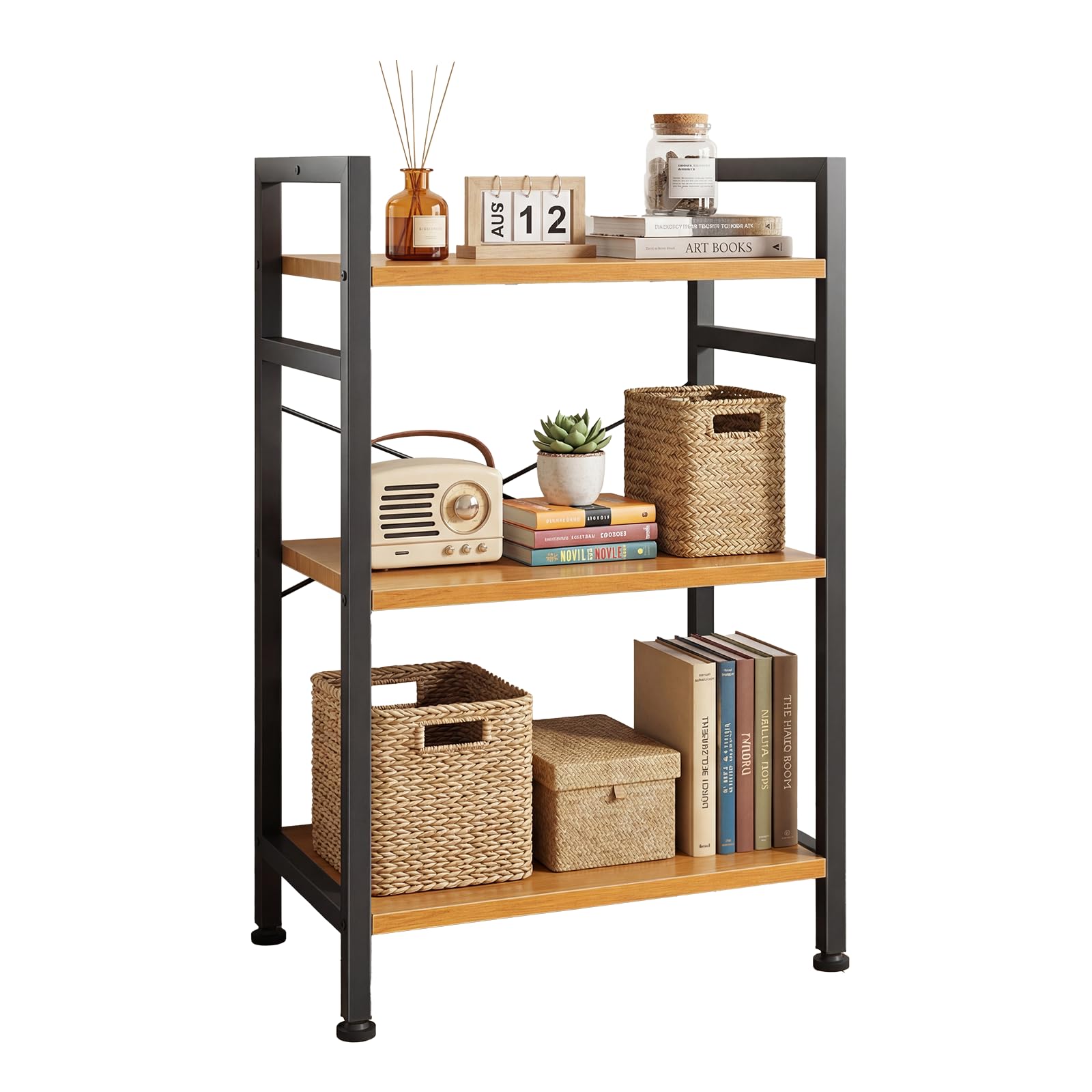 DUMOS 3 Tiers Bookshelf, Classical Book Shelf, Tall Display Shelves in Living Room/Home/Office, Storage Organizer for CDs/Books/Movies, Wood Image