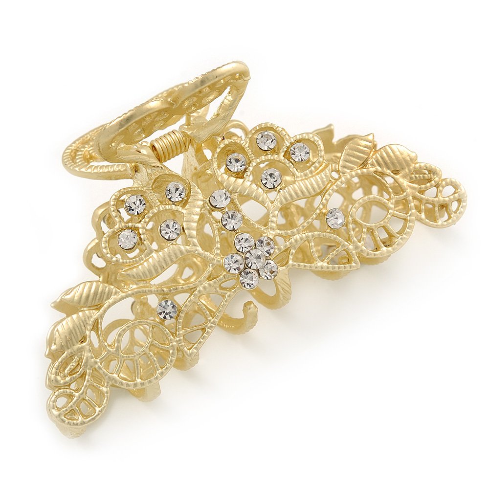 Medium Clear Crystal Floral Filigree Hair Claw In Matte Gold Tone - 75mm Across