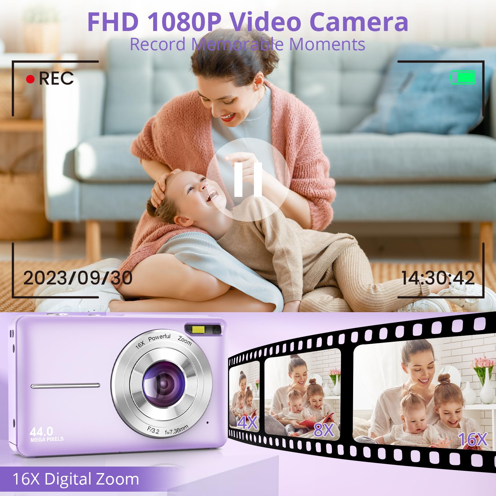 Toberto Digital Camera for Teens, FHD 1080P Digital Camera for Kids with 16X Zoom Anti Shake, Flashlight, 44MP Point and Shoot Camera Compact Small Camera for Girls, Boys, Students - Purple
