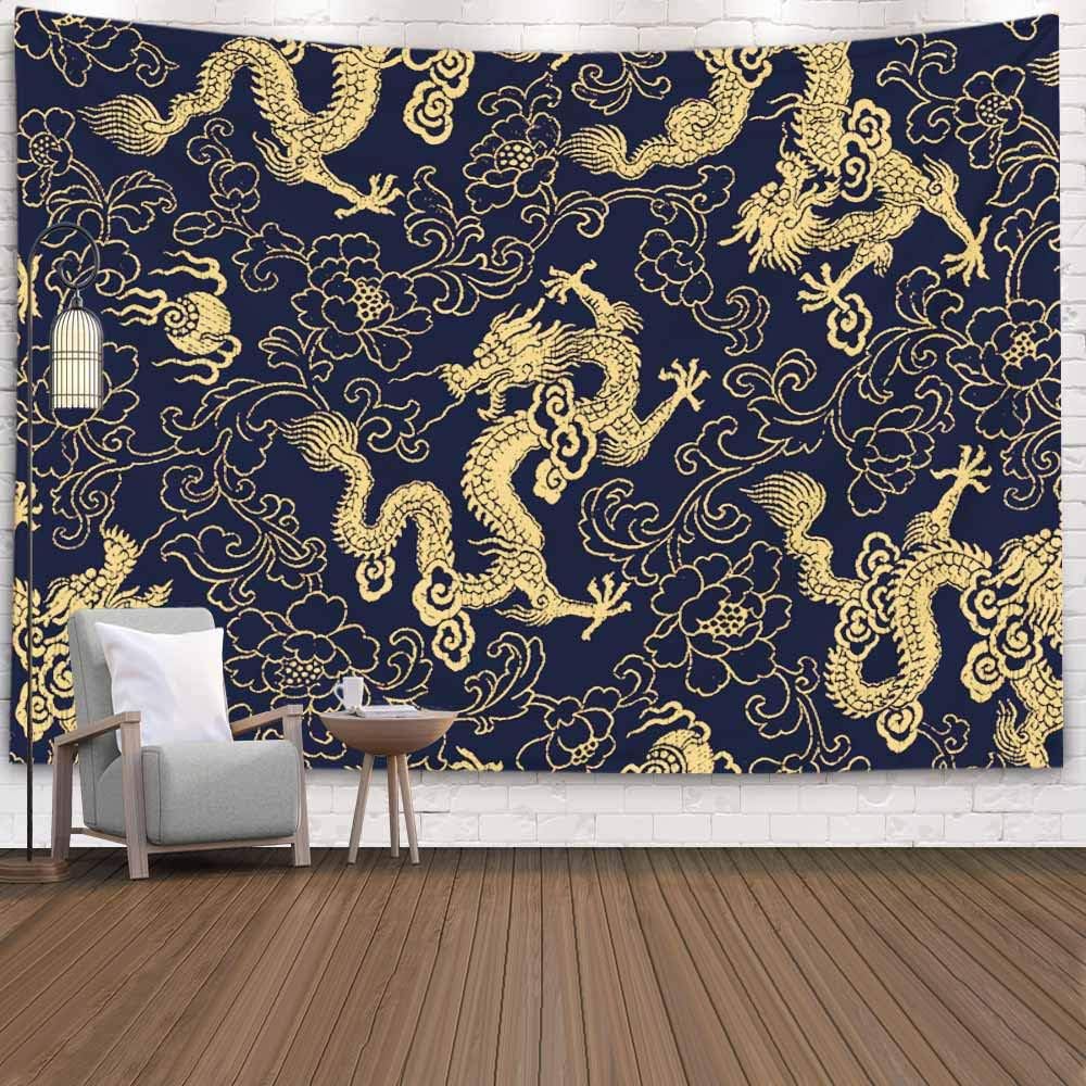 Asdecmoly Art Tapestry, Home Decor Tapestry Chinese Traditional Golden Dragon Peony Pattern Dorm Room Bedroom Living Room Wall Hanging Tapestries 60x50 Inches（150x130cm）