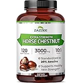 Zazzee Extra Strength Horse Chestnut 10:1 Extract, 3000 mg Strength, 20% Aescins, 4 Month Supply, 120 Vegan Capsules, Concentrated and Standardized 10X Extract, All-Natural, Non-GMO, Made in The USA