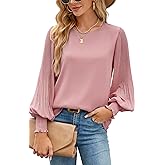 Aifer Womens Tops Dressy Casual Crew Neck Pleated Lantern Long Sleeve Work Shirts Chiffon Blouses Fashion