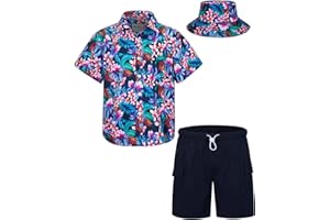 MOHEZ Boys Hawaiian Shirt and Short Set Summer Outfit Kids 2 Piece Clothes Set With Bucket Hat