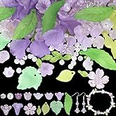 PONABEADIY 1 Box About 767PCS Acrylic Flower Bead Kit Purple Maple Leaves Trumpet Leaf Charm Frosted Flowers Blossom Floral Plant Plastic Green Beads for Jewelry Making Bracelet Earrings DIY Craft