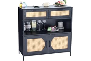 LIDYUK Sideboard Buffet Cabinet with Charging Station, Kitchen Storage Cabinet with Rattan Doors, Cupboard Console Table Sideboard Cabinet for Dining Room Hallway, Black