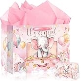 bigniuzi Pink Elephant Baby Girl Shower Gift Bag with Tissue Paper and Greeting Card Pink Baby Shower Wrapping Paper for Party Supplies
