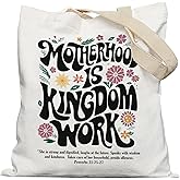 APJYM Christian Mom Tote Bag, Proverbs 31 Woman Bible Verse Canvas Tote Bags, Christian Mother's Day Gifts for Mom, Motherhood is Kingdom Work Reusable Grocery Shopping Bags