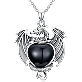 Dragon Necklace for Men Women, S925 Sterling Silver Black Onyx Heart Pendant Unique Oxidized Black Dragon Necklace Jewelry Gift