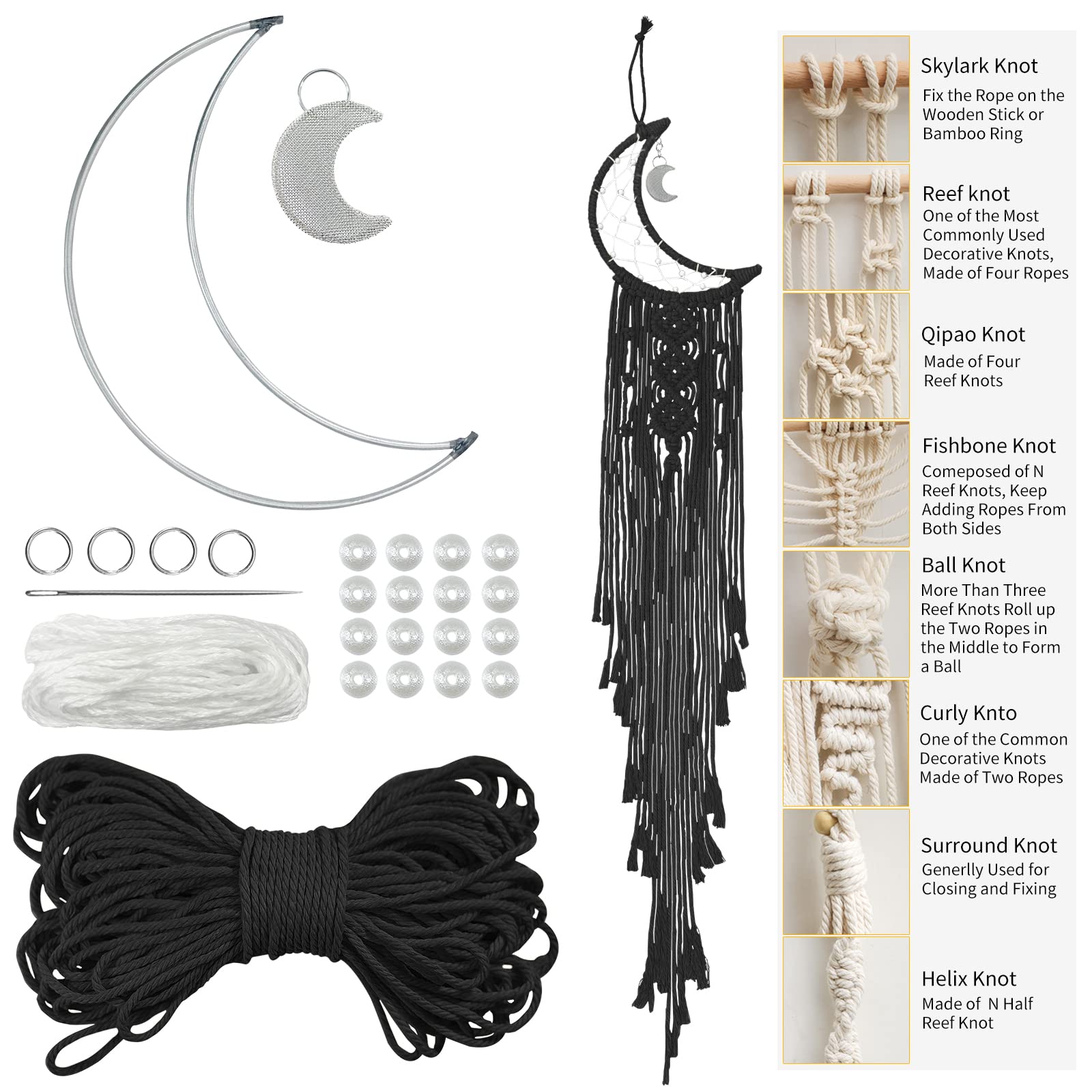 LEREATI Moon Dream Catcher Kit for Adults, DIY Macrame Kit for Beginners, Wall Hanging Tapestry Kits for Adults, Dreamcatcher Kits - 3mm Macrame Cord, Metal Hoops, Beads for Crafting (Black)