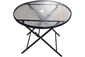 Four Seasons Courtyard 35" Round Marbella Folding Steel Dining Table Outdoor Backyard Patio Furniture with Glass Tabletop and Umbrella Hole, Black