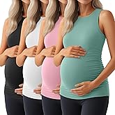 Ficerd 4 Pack Women's Maternity Tank Tops, Side Ruched Sleeveless Pregnancy Shirts Summer Comfy Round Neck Maternity Vest Tee