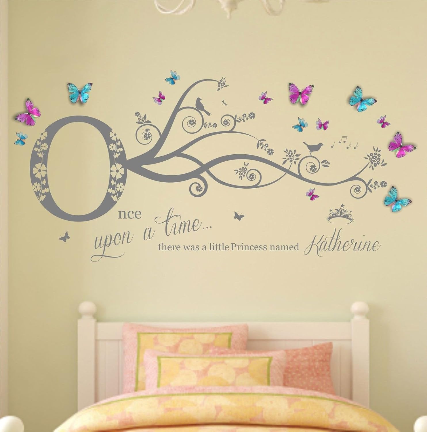 Personalized Once Upon A Time Princess Tree Design Vinyl Wall Art Sticker Mural Decal With Hot Pink Sky Blue 3d Personalized Butterflies Home