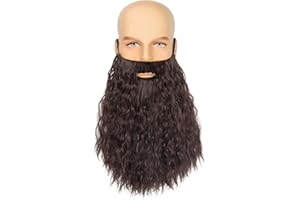 Yan Dream Men Long Curly Brown Fake Beard Adult Novelty Costume Facial Hair Cosplay Party Mustache