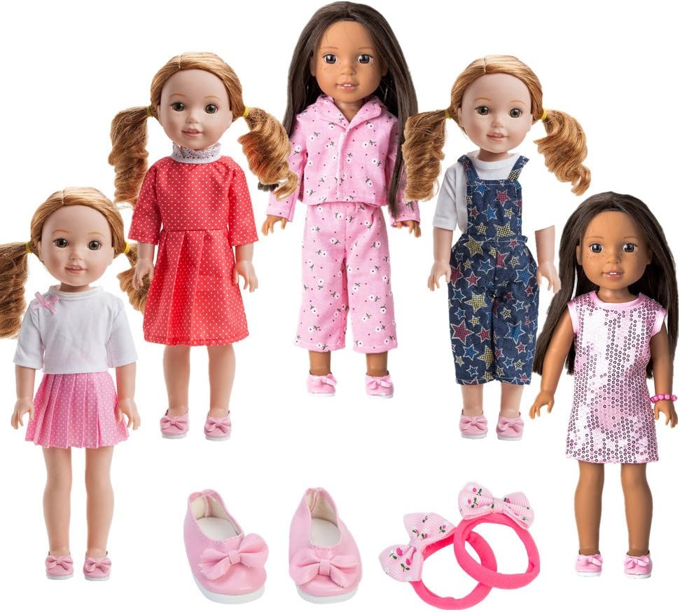 WYHTOYS 5PCS Doll Clothes and Shoes Set for 14 inch 14.5 inch American Girl Doll Wellie Wishers Willa Dolls