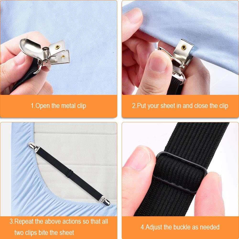 Sopito Bed Sheet Suspenders, 4PCS Adjustable Bed Sheet Holder Straps Sheet Fasteners Heavy Duty Bed Sheet Grippers for Mattresses Fitted Sheets Flat Sheets, Black: Home & Kitchen