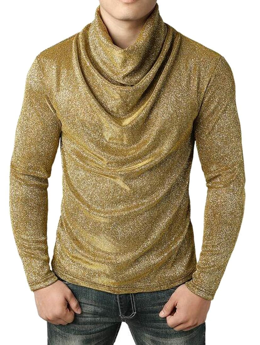 Sweatwater Men Long Sleeve Shiny Stylish Pullover Cowl Neck Clubwear Tops T-Shirt