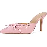 DOEYG Women Pointed Toe Bow Heels Mules Slip on Stiletto Heels Sandals Dress Party Wedding Studded Heels Pumps
