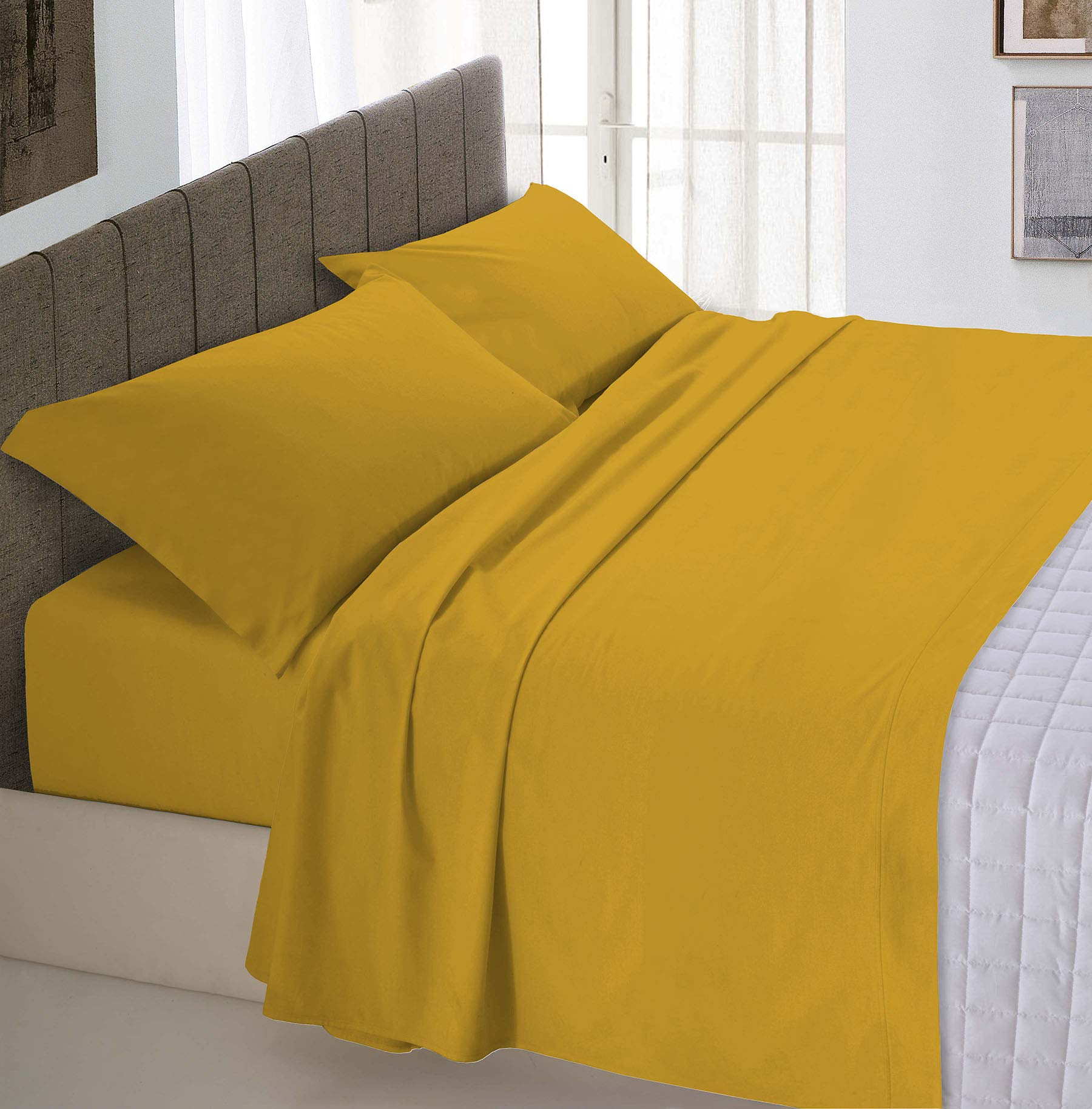 Italian Bed Linen Max Color Bed Linen Set (Flat 250x300, Fitted Sheet 170x200cm+2 Pillowcases 52x82cm), Mustard, Double