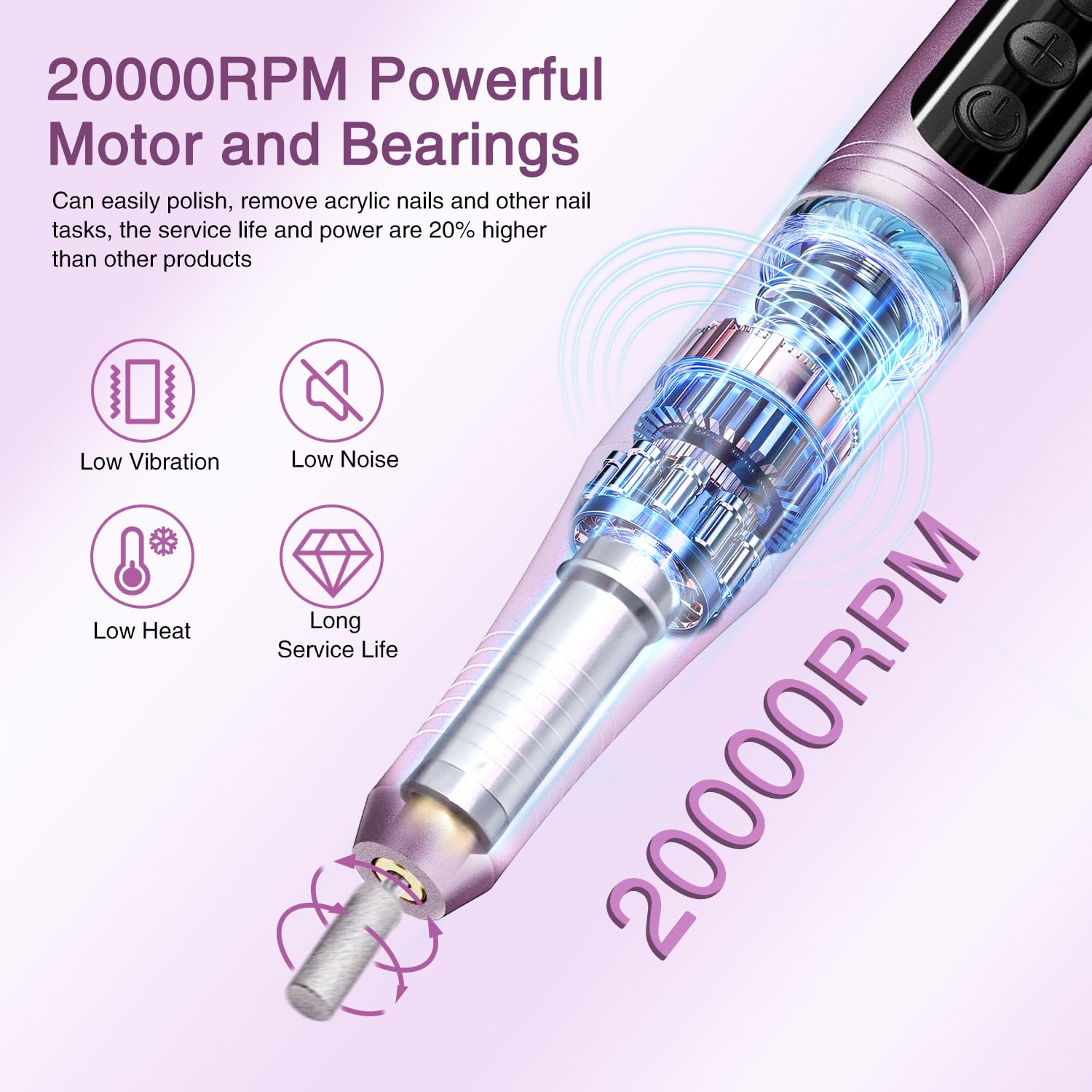 Electric Cordless Nail Drill File: LED Display Professional Portable Nail Drill for Acrylic Gel Dip Powder Nails Manicure Pedicure Kit Tool with Nail Drill Bits Sanding Bands, Purple - Image 3
