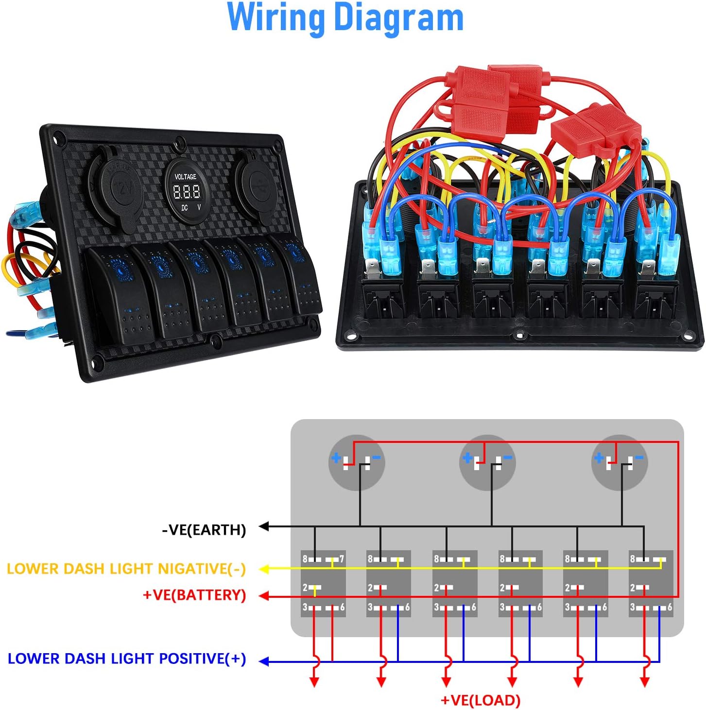 Kohree 6/8 Gang Marine Boat Rocker Switch Panel, 12V Waterproof RV Led Switch Panel for Car Truck Marine Boat, Digital Voltmeter Display Dual USB Charger Port DC 12 Volt Socket 12/24V Blue Lighted : Sports & Outdoors