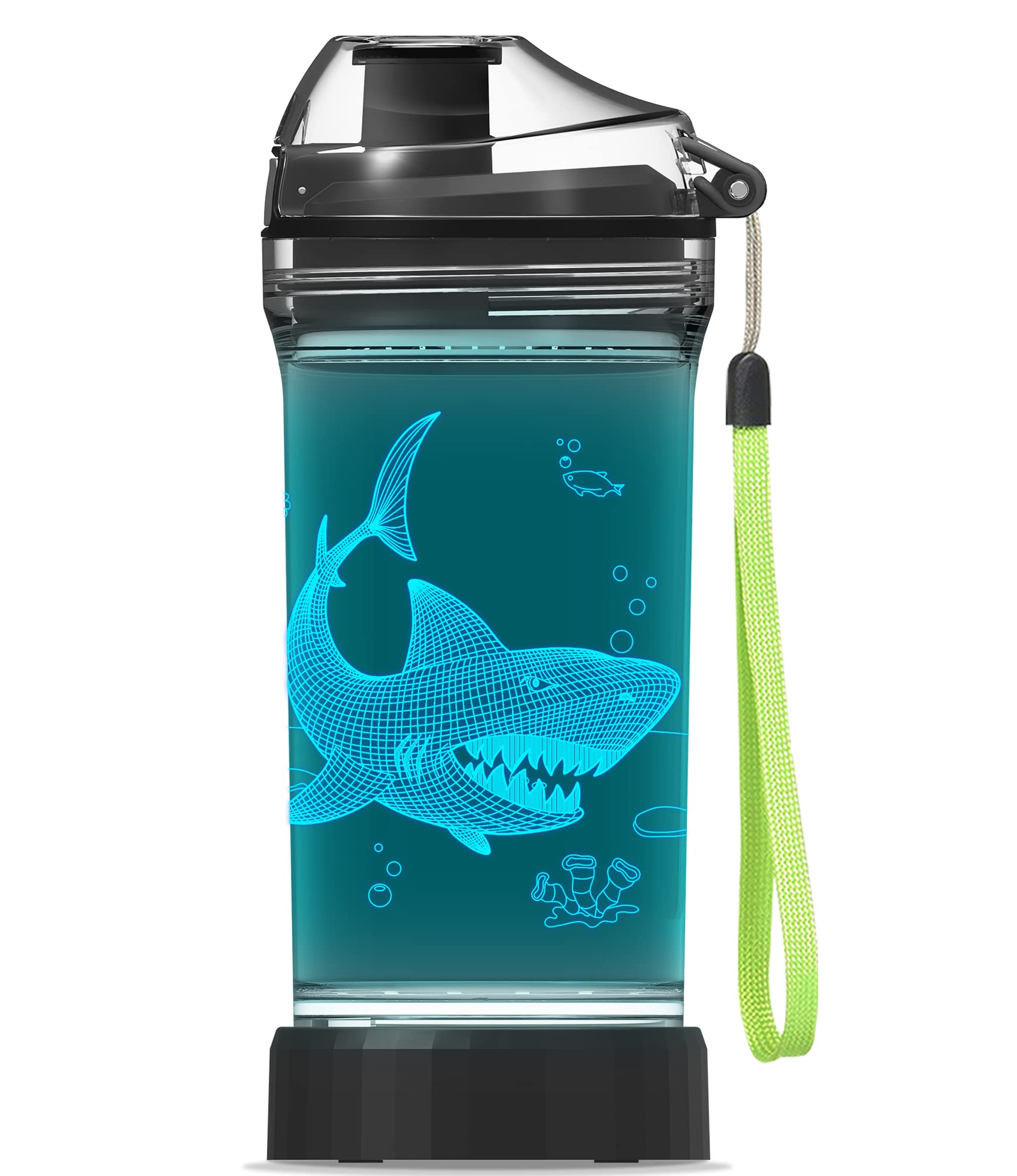 Lightzz Kids Water Bottle with 3D Glowing Shark LED Light - 14 OZ Tritan BPA Free - Creative Ideal Travel Cup Jaw Gift for School Kid Boy Child Holiday Camping Picnic