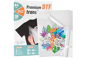 KASYU DTF Transfer Film,-A4(8.3" x 11.7") 30 Sheets Glossy Direct to Film for All DTF&DTG Printer, Pretreat Transparency Iron-on Transfer Paper & 1 Pcs Sticker for DTF Sublimation Inkjet Printer